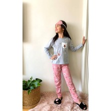 Bear Teddy Desenli Gri Pembe Kız Çocuk Pijama Takımı 4-12 Yaş 557