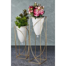 Nefiz Home Metal 2'li Gold Ayaklı Dekoratif Beyaz Saksı