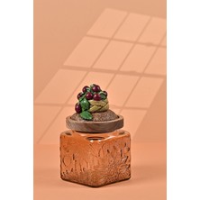 El Yapımı Özel Tasarım Kavanoz - 500 ml - Vakumlu Ahşap Kapaklı (Vişne Detaylı) - Light Amber Çiçekli Kare Cam - Mutfak ve Ev Dekorasyonu