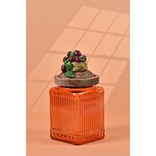 El Yapımı Özel Tasarım Kavanoz - 700 ml - Vakumlu Ahşap Kapaklı (Vişne Detaylı) - Turuncu Çizgili Cam - Mutfak ve Ev Dekorasyonu