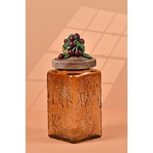 El Yapımı Özel Tasarım Kavanoz - 1000 ml - Vakumlu Ahşap Kapaklı (Vişne Detaylı) - Medium Amber Çiçekli Kare Cam - Mutfak ve Ev Dekorasyonu