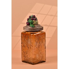 El Yapımı Özel Tasarım Kavanoz - 1000 ml - Vakumlu Ahşap Kapaklı (Vişne Detaylı) - Medium Amber Çiçekli Kare Cam - Mutfak ve Ev Dekorasyonu