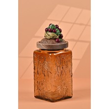 El Yapımı Özel Tasarım Kavanoz - 1000 ml - Vakumlu Ahşap Kapaklı (Vişne Detaylı) - Medium Amber Çiçekli Kare Cam - Mutfak ve Ev Dekorasyonu