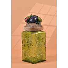 El Yapımı Özel Tasarım Kavanoz - 1000 ml - Vakumlu Ahşap Kapaklı (İncir Detaylı) - Yeşil Çiçekli Kare Cam - Mutfak ve Ev Dekorasyonu