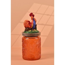 El Yapımı Özel Tasarım Kavanoz - 700 ml - Vakumlu Ahşap Kapaklı (Horoz Detaylı) - Turuncu Çiçekli Yuvarlak Cam - Mutfak ve Ev Dekorasyonu