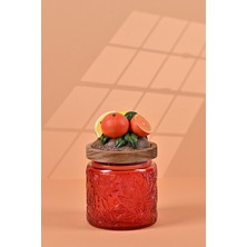 El Yapımı Özel Tasarım Kavanoz - 500 ml - Vakumlu Ahşap Kapaklı (Portakal Detaylı) - Kırmızı Çiçekli Yuvarlak Cam - Mutfak ve Ev Dekorasyonu
