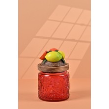 El Yapımı Özel Tasarım Kavanoz - 500 ml - Vakumlu Ahşap Kapaklı (Portakal Detaylı) - Kırmızı Çiçekli Yuvarlak Cam - Mutfak ve Ev Dekorasyonu