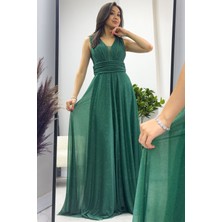 The ZKS Kadın Sıfır Kol Transparan Detay Abiye Elbise Zümrüt Yeşil, Gold, Gri, Beyaz, Siyah, Saks, Koyu Lila, Gül Kurusu, Lila, Mor
