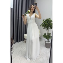 The ZKS Kadın Sıfır Kol Transparan Detay Abiye Elbise Zümrüt Yeşil, Gold, Gri, Beyaz, Siyah, Saks, Koyu Lila, Gül Kurusu, Lila, Mor