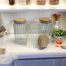 3'lü Çizgili Bambu Kapaklı Cam Çay Kahve Şeker Tuz Bakliyat Saklama Kavanozu Saklama Kabı 750 ml