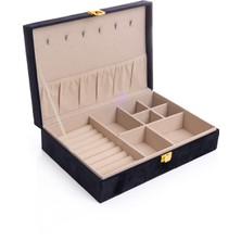 Ecrou Aynalı Siyah Kadife Mücevher, Organizer, Takı Kutusu 25 x 16 x 7 cm