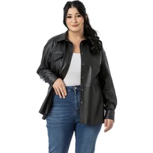 Büyük Beden Tek Cepli Çıtçıt Kapamalı Deri Siyah Gömlek