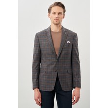 İmza Füme Ekose Desen Bez Ayağı Mono Yaka Tam Astar Esnek 6 Drop Slim Fit Classic Ceket 1002245160