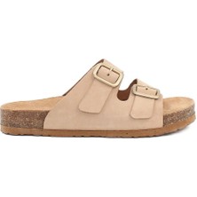 Celal Gültekin Kadın Bej Çift Tokalı Deri Terlik