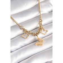 Sinerji Shop 316L Çelik Gold Renk Simli Kelebek Model Kadın Kolye - TJ-BKO8360