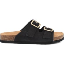 Celal Gültekin Kadın Siyah Çift Tokalı Deri Terlik