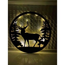 Siyah LED Işıklı Geyikli ve Çam Ağaçlı Yuvarlak Mdf Dekoratif Obje Hediyelik Eşya 50 cm