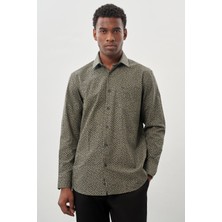 Koyu Haki Uzun Kol Baskılı Bez Ayağı Sert Yaka Cepli Pamuklu Classic Comfort Fit Gömlek 1004245215