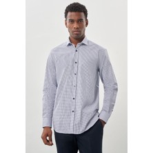 Beyaz Uzun Kol Kareli Desen İtalyan Yaka Cepli Pamuklu Classic Comfort Fit Gömlek 1004245201