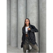 Vess Moda Kadın Oversize Siyah Toka Detaylı Suni Deri Ceket Rahat Günlük Kullanım İçin