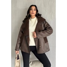 Vess Moda Kadın Oversize Içi Kürklü Deri Ceket Mont Kahve