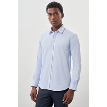 İmza Mavi Uzun Kollu Sert Yaka Cepsiz Pamuklu Likralı Klasik Slim Fit Dar Kesim Gömlek 1004245234