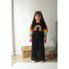 Kız Çocuk Siyah Renk Yumuşacık Sıcacık 3 Iplik Polarlı Nakış Işlemeli  Sweatshirt Eşofman Alt Üst Takım