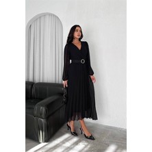 Dip Moda Kadın Siyah Piliseli Kemerli Şifon Elbise DPNBK3028