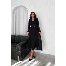 Dip Moda Kadın Siyah Piliseli Kemerli Şifon Elbise DPNBK3028