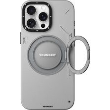 YoungKit iPhone 15 Pro Kılıf Magsafe Şarj Özellikli 360 Standlı Deri Desenli Tech Leather Serisi Gri