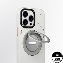 YoungKit iPhone 15 Pro Kılıf Magsafe Şarj Özellikli 360 Standlı Deri Desenli Tech Leather Serisi Gri