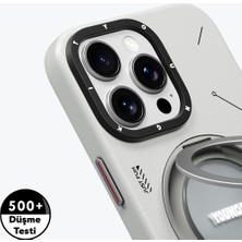 YoungKit iPhone 15 Pro Kılıf Magsafe Şarj Özellikli 360 Standlı Deri Desenli Tech Leather Serisi Gri