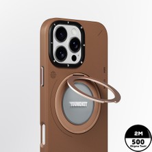 iPhone 16 Pro Kılıf Magsafe Özellikli 360 Standlı Deri Desenli Tech Leather Seri Kahverengi