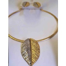 Derlin Melekcehobi Takı Yaprak Model Gümüş ve Gold Renkli Kolye Küpe Seti