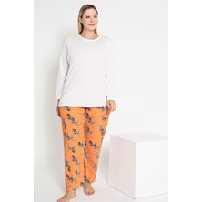 Kadın Turuncu Renkli Zebra Desenli Uzun Kollu Pijama Takımı B-55