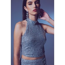 Sateen Kolsuz Payetli Bluz - Gümüş