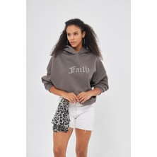 The Champ Clothing Faith Yazılı Taş Baskılı Kapüşonlu Içi Polar Oversize Füme Sweatshirt