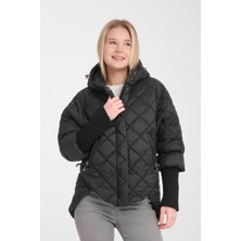 Kadın Siyah Sabit Kapşonlu Triko Ribana Detaylı Kapitone Spor Şişme Mont - Şık ve Sıcak Tasarım 8704