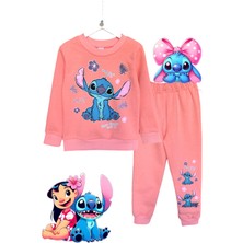 Little Tortoise Kız Çocuk Stitch Baskılı Şardonlu Bisiklet Yaka Uzun Kollu Sweatshirt Eşofman Takımı