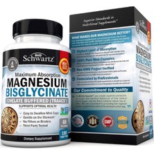 Bioschwartz Magnesium Bisglycinate 100% Chelate No-Laxative Effect - Maximum Absorption- Fully Reacted & Buffered For Energy Muscle Bone & Joint Support -180 Vegi Capsul.