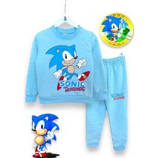 Little Tortoise Sonic Baskılı Mavi Renkli Uzun Kollu Bisiklet Yaka Şardonlu Kışlık Erkek Çocuk Sweatshirt Eşofman Takımı