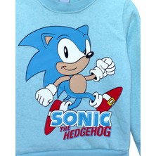 Little Tortoise Sonic Baskılı Mavi Renkli Uzun Kollu Bisiklet Yaka Şardonlu Kışlık Erkek Çocuk Sweatshirt Eşofman Takımı