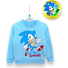 Little Tortoise Sonic Baskılı Mavi Renkli Uzun Kollu Bisiklet Yaka Şardonlu Kışlık Erkek Çocuk Sweatshirt Eşofman Takımı