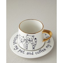 English Home Cute Cat New Bone China 2 Parça 1 Kişilik Çay Fincanı Takımı 320 ml Siyah-Gold