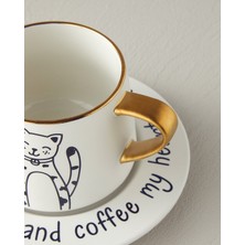 English Home Cute Cat New Bone China 2 Parça 1 Kişilik Çay Fincanı Takımı 320 ml Siyah-Gold