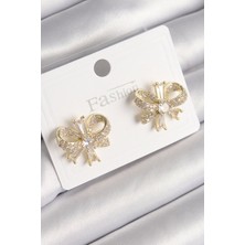 Callerrons Accessories Gold Renk Zirkon Taşlı Fiyonk Model Kadın Küpe - EBJ241214W29905