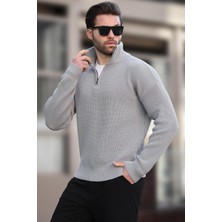 Gri Fermuar Yaka Triko Erkek Kazak E7295