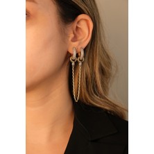 Çildan Womens Gold Ikili Zincir Detaylı Zirkon Taşlı Küpe