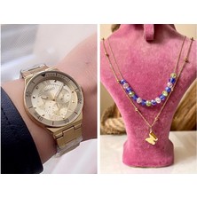 Ferrucci Spor Kasa Çelik Kadın Kol SAATI+ Çelik Kolye Hediye Set