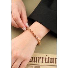 Çildan Womens Gold Özel Tasarım Kırmızı Taşlı Göz ve Damla Detaylı Kelepçe Bileklik